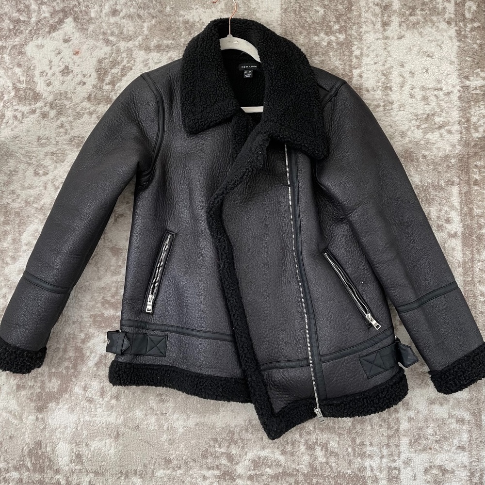 Sherpa Lined Aviator Jacket in Black